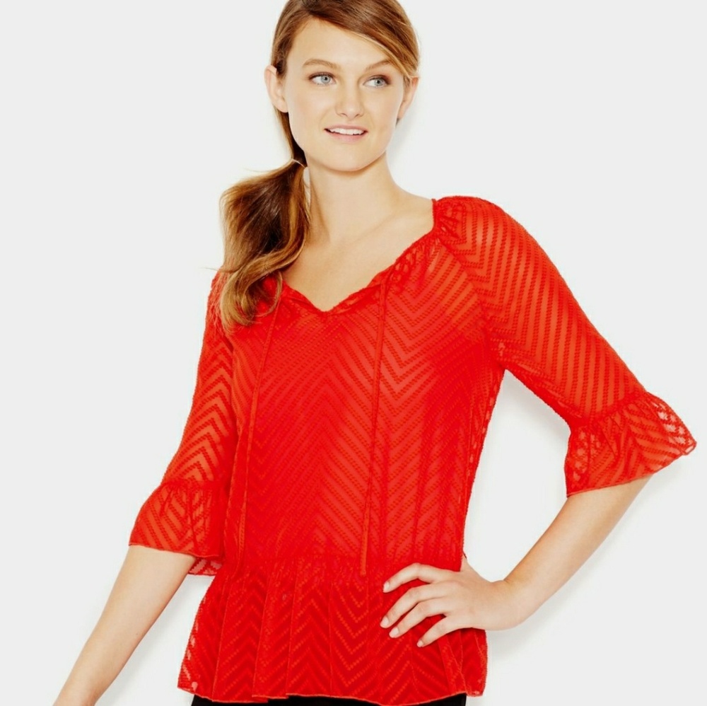 ❤️KENSIE RED Chiffon Sheer Textured Chevron Blouse NWT Medium ❤️
